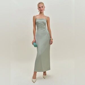 NEW Reformation Vesper Salvia Satin Dress Lace Sage Green 4